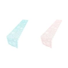 two blue and pink lace table runners on a white background, one with the word love written across it