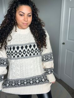 Softest crewneck white Aztec sweater - Ayden Rose White Knit Sweater For Winter, White Soft Knit Winter Sweater, Trendy White Turtleneck Sweater, Trendy Crew Neck Sweater With Fair Isle Pattern, Trendy Crew Neck Fair Isle Sweater, Trendy Fair Isle Pattern Crew Neck Sweater, White Long Sleeve Winter Sweater, Cozy Soft Knit White Sweater, White Cozy Soft Knit Sweater