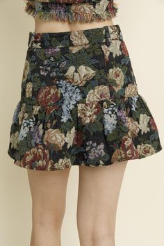 Fall vibes are here with this cute floral brocade skirt. Ruffled hem with a removable belt and side zipper. Pair it with a denim shirt, tee or wear it as a cute set with the matching jacket. Brocade Skirt, Free People Accessories, Cute Sets, Dress Gift, Denim Coat, Get Directions, Fall Vibes, Denim Shirt, Ruffle Hem