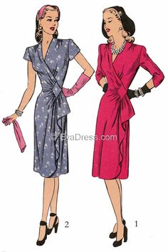 "Originally by Hollywood, this is one of my top-selling wrap dress patterns. 'Wrapped front skirt section with cascade drape at side-front joins bodice at waist-line. Surplice closing below collarless V-neck-line. Gathers from diamond shaped inset at waist-line. Bracelet-length and short sleeves.' This, as do many of my patterns comes with fully illustrated instructions for construction and finishing. This is for size set B fitting 40\" to 46\" bust, 34\" to 40\" waist, 43\" to 49\" hip. Size se