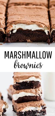 chocolate marshmallow brownies are stacked on top of each other with white frosting