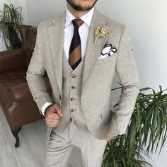 Beige Business Suit With Collar, Beige Notch Lapel Three-piece Suit For Business Casual, Beige Three-piece Suit With Notch Lapel For Business Casual, Beige Single Breasted Three-piece Suit For Business Casual, Beige Three-piece Suit For Semi-formal Occasions, Blazer Waistcoat, Men's Business Suits, Shoe Care Kit, Lapel Jacket