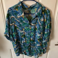 Nwt Size M , Hawaiian Shirt Blue Camp Shirt For Beach In Spring, Summer Blue Collared Tops, Spring Patterned Top With Camp Collar, Patterned Camp Collar Top For Spring, Blue Collared Top For Summer, Blue Collared Blouse For Vacation, Blue Summer Top With Camp Collar, Summer Patterned Tops With Tropical Print, Summer Tropical Print Patterned Tops