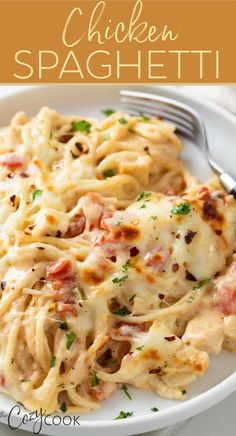 chicken spaghetti on a white plate topped with cheese Tomatoes And Chicken, Chicken Spaghetti Recipe, Chicken Spaghetti Recipes, Rotel Tomatoes, Spaghetti Recipe, Pasta Dinner Recipes, Chicken Spaghetti, Sunday Roast