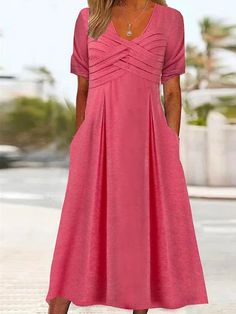 Product Title :Plain V Neck Loose Casual Plain Pocket Knot Front Dress Product... Non-stretch V-neck Dress With Pockets, Mid-length Dress With Pockets, Casual Pink Half Sleeve Dress, Casual Non-stretch Pink Midi Dress, Casual Pink Non-stretch Midi Dress, Casual Mid-length Pleated Dress, Pink Non-stretch Dress With Short Sleeves, Casual Pleated Short Sleeve Dresses, Pink Knee-length Midi Dress With Pockets