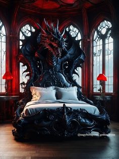 a bed with a dragon head on it in front of two large stained glass windows