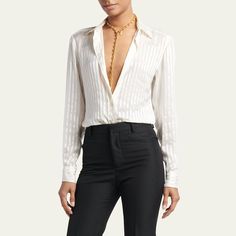 TOM FORD striped silk button-front blouse  Spread collar Long sleeves; button cuffs  Back yoke  Curved hem  Relaxed fit  Silk Made in Italy Elegant Striped Shirt, Elegant Striped Blouse, Classic Formal Blouse With Striped Collar, Elegant Striped Shirt For Work, Chic Office Blouse With Vertical Stripes, Chic Vertical Stripes Office Blouse, Elegant Formal Tops With Striped Collar, Elegant Formal Top With Striped Collar, Elegant Striped Formal Tops