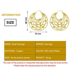 Jewelry set-Hoop Earrings Fashion Hollow Out Flower Bag Pattern Women Copper Brass Circle Round Earrings Ladies Wedding Jewelry AccessoryModel Number:1005003108467518 Material:CopperColor: 24k gold platedSize: 48*45mmNet weight: 20.8gCross weight: 28.2g Gold Pierced Hoop Earrings For Party, Gold Round Flower Earrings For Pierced Ears, Gold Hoop Earrings For Party, Pierced Ears, Gold Round Flower Earrings, Gold Hoop Flower Earrings For Party, Flower Bag Pattern, Hoop Earrings Style, Flower Bag, Plate Size