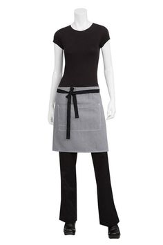 This half bistro apron spans from waist to knee and is designed with protection and functionality in mind. The fabric used in this piece is comprised of cotton and polyester, giving it more flexibility and easing stain removal. A divided front pocket is large enough to contain a number of electronic devices like an iPad2. Fabrics are decorated in a tight pinstripe design and come in your choice of two colors. Contrasting tape ties offset the fabric colors and give this waist apron an edgy, urban Pinstripe Nails, Waitress Outfit, Black Chef, Bistro Apron, Waitress Apron, Beauty Station, Restaurant Uniforms, Hotel Uniform, Chef Wear