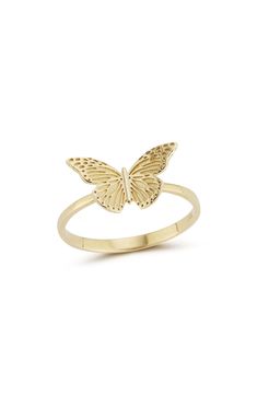 An etched butterfly adds whimsical charm to this dainty ring crafted from gleaming 14-karat gold. 3/8"W x 5/8"L setting 14k gold Made in Turkey Gold Butterfly Ring, Butterfly Ring, Gold Band Ring, Ring Crafts, Gold Butterfly, Dainty Ring, A Butterfly, Womens Jewelry Rings, Free Jewelry