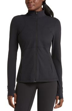 Stretch-enhanced, moisture-wicking fabric amps up the comfortable, sleek fit of this sporty stand-collar jacket you can rock on and off the pickleball court. 24 1/2" length (size Medium) Front zip closure Stand collar Long sleeves with thumbhole cuffs Front zip pockets Four-way-stretch fabric Moisture-wicking fabric engineered for dryness and comfort Partially lined 74% nylon, 26% spandex Machine wash, tumble dry Imported Midweight Athleisure Track Jacket For Sports, Black Midweight Athleisure Outerwear, Fitted Athleisure Outerwear For Outdoor Activities, Black Stretch Track Jacket For Outdoor Activities, Sporty Outerwear With Zipper Closure For Workout, Functional Track Jacket With Zipper For Gym, Functional Gym Track Jacket With Zipper Closure, Functional Gym Track Jacket With Zipper, Functional Track Jacket With Zipper For Workout