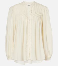 Dorothe cotton-blend voile blouse in white - Marant Etoile | Mytheresa Fall Viscose Button-up Shirt, Viscose Button-up Shirt For Fall, Classic Summer Blouse In Viscose, Fall Daywear Button-up Blouse, Fall Button-up Blouse For Daywear, Spring Viscose Button-up Blouse, Spring Button-up Viscose Blouse, Daywear Button-up Rayon Shirt, Viscose Long Sleeve Tops For Daywear