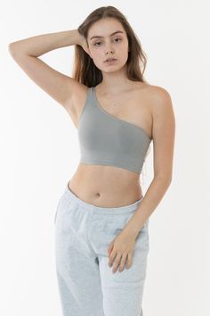 8389GD - Garment Dye One Shoulder Crop Top – Los Angeles Apparel Trendy Crop Top With Built-in Bra For Loungewear, Casual Seamless Cropped Sports Bra, Trendy Seamless Crop Top Sports Bra, Spring Crop Top Sports Bra For Loungewear, Cropped Sports Bra For Spring, Casual Gray Crop Top With Built-in Bra, Cropped Loungewear Crop Top With Built-in Bra, Spring Crop Top With Built-in Bra For Gym, Trendy Bra-friendly Crop Top For Loungewear