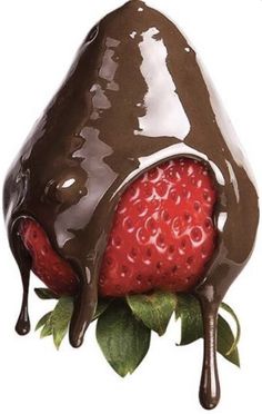 a chocolate covered strawberry is sitting on top of the other half of it's head