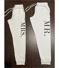 Welcome to Lily's Custom Corner Shop Custom Sweatpants, Bride Jogger, Gift for Bride, Bride Gift, Bridal Shower Gift, Relaxed-fit Sweatpants, Custom matching sweat set, custom -NO POCKETS! SPECS for Gildan Brand sweatpants: - 8 oz./yd² (US) 13.3 oz./L yd (CA), 50/50 cotton/polyester - Classic fit - Covered elastic waistband with drawcord - Elasticized cuffs - Tear away label - Proud member of the U.S. Cotton Trust Protocol - Made with OEKO-TEX certified low-impact dyes **Disclaimer: If we are out of the brand shown in the listing we use similar alternative brands with the same quality or better**  We can not guarantee each color. It depends on availability with our wholesalers. DESIGN SIZES (Up to 25 characters):  Design size varies per sweatpants size and style. Our standard sizes for des Fitted White Bottoms With Letter Print, White Matching Set Bottoms For Loungewear, Fitted White Pants With Letter Print, White Letter Print Bottoms For Loungewear, White Letter Print Sweatpants For Loungewear, White Fitted Sweatpants For Loungewear, White Letter Print Sets For Loungewear, Fitted White Pants From Matching Set, Fitted White Pants As Part Of A Matching Set