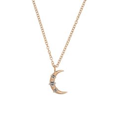 Illuminate your inner goddess with the Hecate Necklace. This dainty modern crescent moon necklace is adorned with three stunning diamonds, creating a celestial sparkle. Symbolizing femininity and the cycles of life, this necklace pays homage to the powerful goddess of night, light, magic, and protection from witchcraft - the Moon itself. With its delicate design and timeless charm, the Hecate Necklace is a perfect accessory for any occasion, adding a touch of enchantment to your look. Charm is 9mm tall by 5mm wide. Total diamond carat weight is .075 Cts. Celestial Crescent Necklace With Diamond Accents, Celestial Rose Gold Necklace With Moon Phase, Rose Gold Celestial Necklace With Moon Phase, Celestial Rose Gold Moon Phase Necklace, Diamond Half Moon Phase Necklace, Crescent Moon Charm Diamond Necklace, Celestial Crescent Necklace With Delicate Chain, Celestial Rose Gold Necklace With Moon Charm, Diamond Crescent Moon Charm Necklace