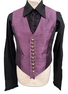 2 pcs Steampunk Gothic black cotton blend frill Shirt and regal tafeta purple Waistcoat Vest  1. This is a purple tafeta waistcoat Vest. Fully lined and well presented Fits upto 38" chest fitted  2. Black cotton blend shirt with front frill detail and detailed cuffs . Thanks for looking Gothic Suit Mens Purple, Purple Goth Outfits Men, Purple Villain Outfit, Purple Pirate Outfit, Victorian Suit Mens, Purple Men Outfit, Purple Mens Outfits, Victorian Outfit Men, Victorian Suits