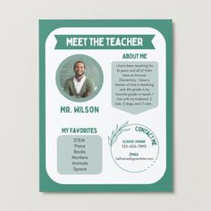 a green and white teacher's flyer with an image of a man on it