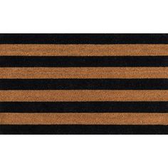 a black and brown door mat with horizontal stripes on the front, in two rows