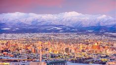 an aerial view of a city with mountains in the background and snow on the ground