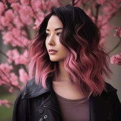 Black And Pink Hair Dye Ideas, Pink Tips Hair Brunette, Black To Pink Hair, Short Hair Colour Ideas, Pink Balayage Brunette, Black Hair With Pink Highlights, Pink Hair Balayage, Traditional Highlights, Balayage On Black Hair