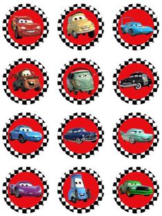 the cars are all in different shapes and sizes on this sticker sheet with black and white checkered circles