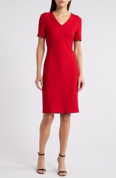 Make a bold entrance wherever you go in this sophisticated sheath dress made with a touch of stretch. 39" length Back zip closure V-neck Short sleeves Partially lined 67% viscose. 29% polyester, 4% elastane Machine wash, line dry Made in Turkey Fitted V-neck Midi Dress For Career, Classic V-neck Career Dresses, V-neck Elastane Bodycon Dress With Flattering Silhouette, V-neck Elastane Bodycon Dress, Formal Dresses With Straight Neckline In Elastane, Formal Dress With Straight Neckline In Elastane, Knee-length Seamed Workwear Dress, Seamed Knee-length Dress For Work, Sleek V-neck Elastane Dress