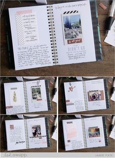 the inside pages of a scrapbook with photos and text on it, all lined up