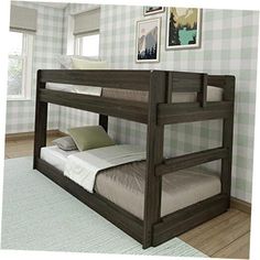 there is a bunk bed in the room with plaid wallpaper on the walls and wood flooring