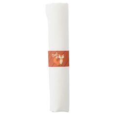 a roll of white paper with an orange and red label on the end that says one