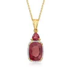 Ross-Simons - 8.10ct t. w. Ruby, .13ct t. w. Diamond Pendant Necklace Over Sterling. 18". Bask in the rich red hue of our classic ruby pendant necklace, featuring a 1.10 carat triangular and 7.00 carat rectangular cushion-cut ruby framed by .13 ct. t. w. round diamonds. Finely crafted in polished 18kt yellow gold over sterling silver. Cable chain. Springring clasp, diamond and ruby pendant necklace. Ruby birthstones are the perfect gift for July birthdays. Ruby Pendant Necklace, Necklace Ruby, Ruby Necklace Pendant, Rectangular Cushion, Ruby Birthstone, Golden Necklace, Ruby Pendant, Fine Jewelery, Jewelry Essentials