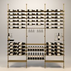 a wine rack filled with lots of bottles on top of metal shelves next to each other