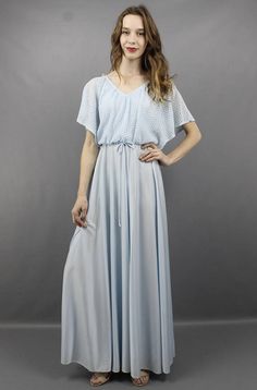 Vintage 70s Pale Blue Draped Disco Maxi Dress, fits S/M Retro Blue Maxi Dress For Spring, Blue Retro Maxi Dress For Spring, Retro Blue Spring Maxi Dress, Vintage Blue Maxi Dress With Short Sleeves, Retro Flowy V-neck Maxi Dress, Flowy V-neck Retro Maxi Dress, 70s Disco Dress, Pastel Blue Dress, Maxi Dress 70s