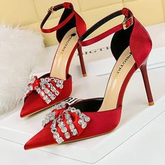 Rhinestone Bow Silk Satin Stilettos Heels Summer High Heels, Bow Women, Designer High Heels, Bow Pumps, Rhinestone Bow, Womens Wedding Shoes, Women Oxford Shoes, Ladies Shoes, Wholesale Shoes