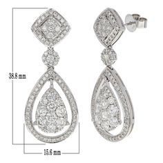 Main Stone: Natural Diamond Carat Total Weight: 3.45Earrings measure 38.8mm x 15.6mm Approximate Weight: 11.7 grams Approximate Height: 38.8 mm (1.5 inches) Approximate Width: 15.6 mm (0.6 inch) Metal: 14k White Gold Hallmark/Stamp: 14k Solid, Real, Genuine Gold (NOT Plated) Backfinding: Push back Our Guarantees: 100% Money back Guarantee Free 30-Day Returns Jewelry Will Not Tarnish, Stain or Discolor Do you know why we use jewelry? To carry a piece of nature that has seen billions of years pass Formal Pear-shaped White Gold Earrings, Formal White Gold Pear-shaped Earrings, Formal Teardrop Chandelier Earrings With Diamond Accents, Teardrop Chandelier Earrings With Diamond Accents For Formal Occasions, White Gold Teardrop Chandelier Earrings, White Gold Teardrop Chandelier Earrings Fine Jewelry, Luxury Dangle Teardrop Earrings For Anniversary, Fine Jewelry Pear-shaped Chandelier Earrings For Formal Events, Formal Teardrop Chandelier Earrings In White Gold