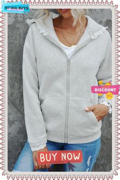 Lace Trim Zip-up Hooded Jacket Gray Double-lined Hooded Outerwear For Spring, Gray Zipper Closure Hoodie Outerwear, Gray Zipper Hoodie Outerwear, Gray Hoodie Outerwear With Zipper Closure, Gray Hoodie With Zipper Closure, Gray Hooded Jacket With Fleece Lining, Cozy Gray Hooded Jacket With Double-lined Hood, Gray Hooded Jacket With Fleece Lining For Fall, Gray Fleece-lined Hooded Jacket For Fall