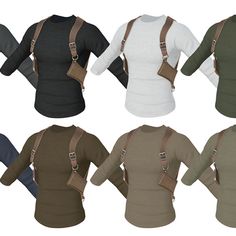 six different styles of women's shirts with suspenders and shoulder bags on them