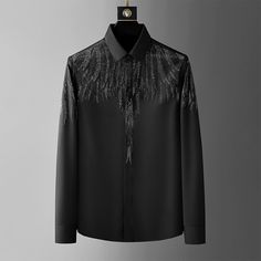 Men's Wing Rhinestone Slim Fit Shirt
Features：

 	Product ID:LS0256
 	Material:Polyester,Spandex,Nylon
 	Season:Spring,Summer,Autumn,Winter
 	Color:Black,White

Size Chat： Black Shirts For Men, Streetwear Blouse, Fits Streetwear, Fancy Shirt, Embroidery Suit, Formal Shirt Dress, Rhinestone Shirts, Fashion Patchwork, Streetwear Shirts