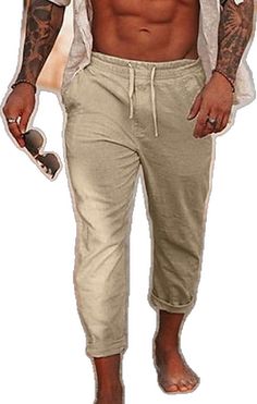 Leisure Solid Color Pants For Spring, Casual Stretch Summer Pants, Non-stretch Leisure Bottoms For Summer, Trendy Summer Leisure Pants, Casual Beach Season Pants With Pockets, Casual Summer Leisure Pants, Khaki Solid Color Summer Bottoms, Casual Beach Pants For Leisure, Casual Khaki Bottoms With Drawstring