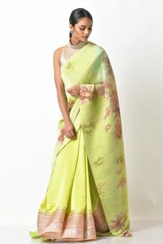 Shop for Kiran Uttam Ghosh Green Floral Print Pleated Saree for Women Online at Aza Fashions Green Saree With Zari Work For Summer, Green Zari Work Saree For Summer, Green Summer Saree With Zari Work, Spring Green Saree With Floral Print, Spring Green Floral Print Saree, Green Floral Print Saree For Summer, Green Summer Saree, Green Floral Print Pre-draped Saree For Festivals, Green Floral Pre-draped Saree For Festivals