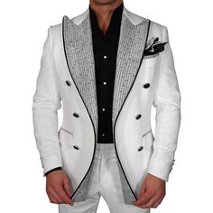 Sebastian Cruz Couture Exclusive Fabric Woven In Italy White with contrasting tweed accents SCC Signature Double Breasted Peak Lapel Fully Lined with exclusive lining for light weight feel Soft, natural shoulder construction Chest Barchetta Pocket Dual Vents Flap Pockets Nero Horn With Silver Rim Buttons Make sure to select your FREE Sebastian Cruz Couture Pocket Square at checkout! All of our jackets are made with 4" extra of fabric to ensure you don't have to send it back to us if its too small or too big. You can tailor your jacket 2 sizes bigger and/or smaller if needed. We guarantee your satisfaction! Fabric Details: WO 100% Fitted White Tweed Blazer, Formal White Single Breasted Tweed Jacket, White Single-breasted Tweed Jacket For Formal Occasions, Formal White Single-breasted Tweed Jacket, Elegant White Tweed Jacket For Formal Occasions, Elegant White Tweed Jacket For Formal Events, Elegant White Single Breasted Tweed Jacket, Luxury Fitted Tweed Jacket For Spring, Formal White Tweed Jacket For Winter