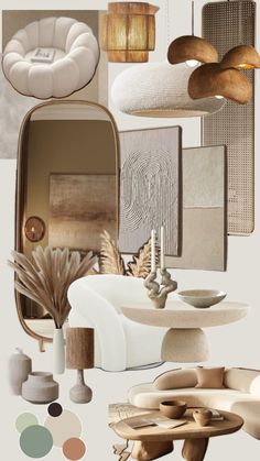 an assortment of furniture and decor items in neutral tones