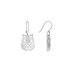 Add a touch of playfulness to any everyday ensemble with these sterling silver laser cut owl drop earrings from Main and Sterling. Add a touch of playfulness to any everyday ensemble with these sterling silver laser cut owl drop earrings from Main and Sterling. Length: 1.17 in. Backings: wire Nickel free Metal: sterling silver Plating: rhodium Finish: polished, textured Size: One Size. Color: White. Gender: female. Age Group: adult. Engraved Sterling Silver Dangle Earrings, Silver Laser Cut Earrings As Gift, Sterling Silver Dragonfly Earrings, Bohemian Nickel-free Sterling Silver Earrings, Nickel-free Sterling Silver Dragonfly Jewelry, Nickel-free Sterling Silver Dragonfly Earrings, Gender Female, Laser Cut, Age Group