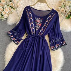 Sweet long-sleeved embroidered dress Material: blended Color: white, blue, red, yellow Size(cm): free size length 115 bust 110 waist 102 Long Sleeve Floral Embroidered Midi Dress For Fall, Casual Long Floral Embroidery Dresses, Long Sleeve Midi Dress With Floral Embroidery For Fall, Long Embroidered Dresses For Fall, Long Embroidered Dress For Fall, Embroidered Long Dress For Fall, Long Sleeve Embroidered Midi Dress For Spring, Spring Blue Embroidered Maxi Dress, Summer Long Sleeve Embroidered Dress