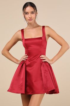 You'll always look picture-perfect when the Lulus Adorable Promise Wine Red Satin Sleeveless Mini Dress is effortlessly stunning all on its own! Sleek woven satin shapes this too-cute dress that features a princess-seamed bodice, a trendy square neckline, and wide shoulder straps. An empire-style waist accents the fit-and-flare silhouette that falls to an A-line skirt with gathered panels at side for added volume and a mini hem for a chic finish. Hidden back zipper/clasp. Fit: This garment fits Red Semi Formal Dress, Red Hoco Dress, Long Sleeve Red Dress, Red Satin Dress, Red Carnation, Semi Formal Dress, Red Dresses, Empire Style, Dress Satin