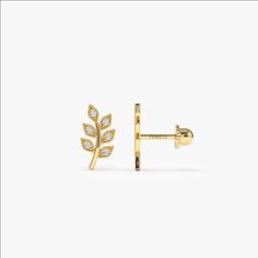 "Piercing / 14k Gold Leaf Stud Earrings / Dainty earrings / Tragus Piercing / Helix Piercing / Cartilage Earrings by Ferko's Fine Jewelry Item Details * Made to Order * Gold Kt: 14K * Available Gold Color: Rose Gold, Yellow Gold, White Gold * Length & Width: 11 x 5.25 MM * Length of Bar: 5.6 MM * Round Diamonds: 12 pcs 1.3MM (pair) * Total CTW: 0.14 ctw (pair) * Diamond Color-Clarity: G Color SI Clarity Be sure to hit \"favorite\" on the right so it remains in your favorites list and/ or add to Piercing Cartilage, Diamond Signet Ring, Tragus Piercing, Gold Armband, Earring Gold, Diamond Cross Pendants, Tragus Piercings, Earrings Dainty, Helix Piercing