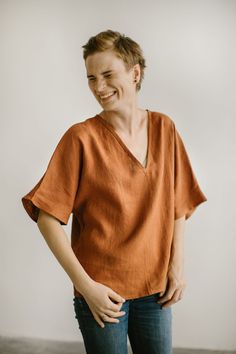 100% organic linen kimono tunic with short sleeves - your breathable summer top for women. This linen shirt has easygoing, a bit loose cut and will suit any women! Perfect for everyday, for work and leisure, for holidays and suitable for just any life moment! Organic linen fabric will make sure your skin breathes and ensure air circulation. You can choose your favorite color from 25 possible variations in the drop down menu! This linen top fabric is double washed for extra softness and has natur Versatile Relaxed Fit T-shirt For Summer, Oversized V-neck Shirt For Summer, Relaxed Fit Conscious Style T-shirt For Summer, Short Sleeve Linen T-shirt For Loungewear, Relaxed Fit Tops For Summer Loungewear, Summer Relaxed Fit Loungewear Tops, Relaxed Fitted Tops For Summer, Oversized Versatile Top For Summer, Oversized Versatile Summer Top