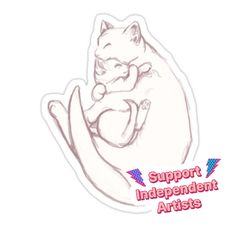 a sticker with the words support independent artists and a drawing of a sleeping cat