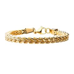 "Convey your bold sense of style with this men's gold tone stainless steel Franco chain bracelet. Convey your bold sense of style with this men's gold tone stainless steel Franco chain bracelet. Chain type: Franco Chain width: 6 mm Length: 8.5 in. Metal: stainless steel Plating: yellow ion plated Finish: polished Packaging: boxed Please note, due to the high value of this item, a signature may be required upon delivery. Size: 8.5"". Gender: male. Age Group: adult." Modern Gold Cuban Link Bracelet With Box Chain, Gold Cuban Link Bracelet With Modern Style, Gold Cuban Link Bracelet In Modern Style, Male Bracelets Gold For Men, Gold Cuban Link Bracelet In Stainless Steel, Bracelets Gold For Men, Male Bracelets, Mens Chain Bracelet, Mens Gold Bracelets