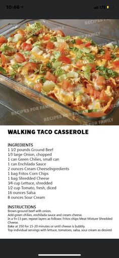 the recipe for walking taco casserole is shown